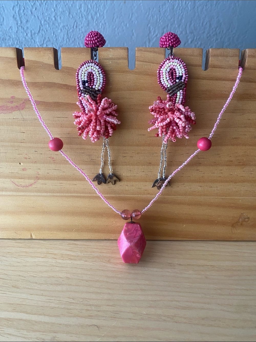 Rhodonite necklace set with hand crafted pink flamingo earrings statement